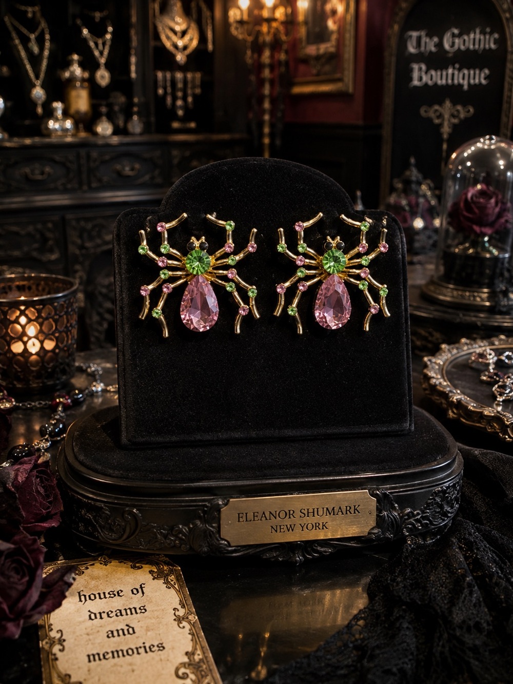 Eleanor ShuMark Pink Green Rhinestone Spider Earrings NWT